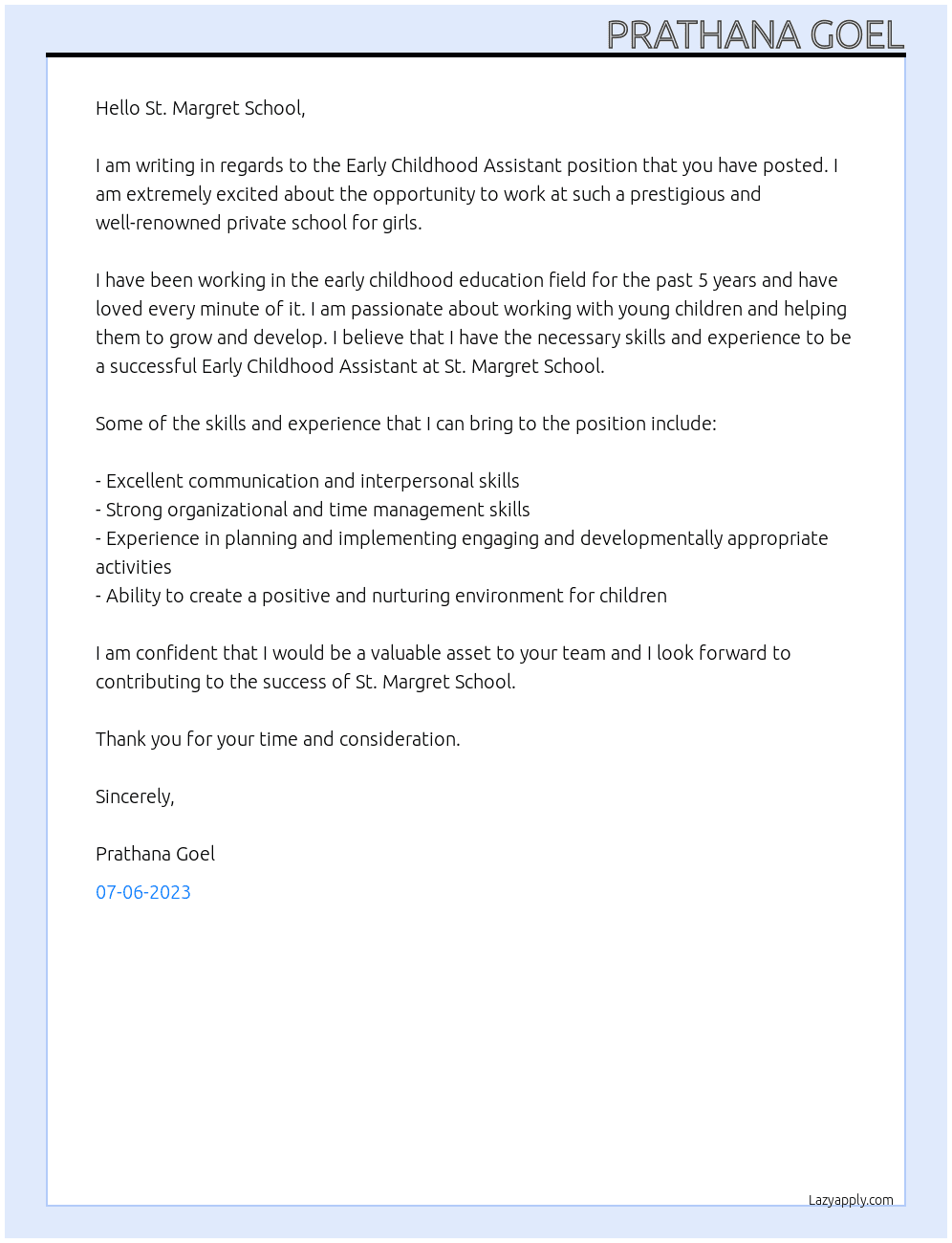 early childhood assistant At Private school for girls Cover Letter