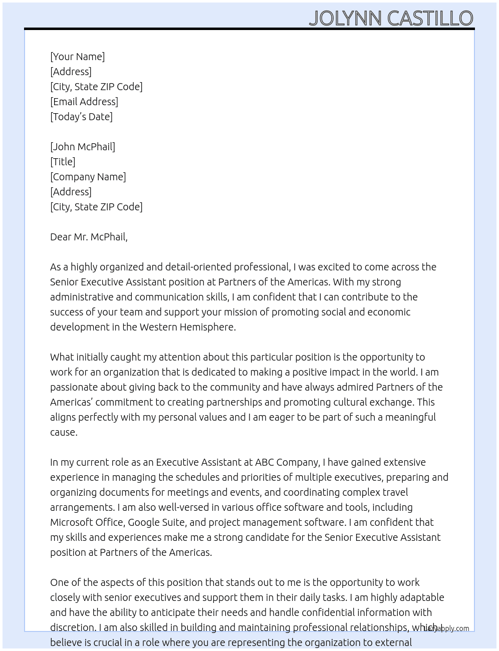 Senior Executive Assistant At Partners of the Americas Cover Letter