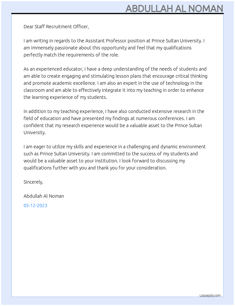 Assistant Professor At Prince Sultan University Cover Letter