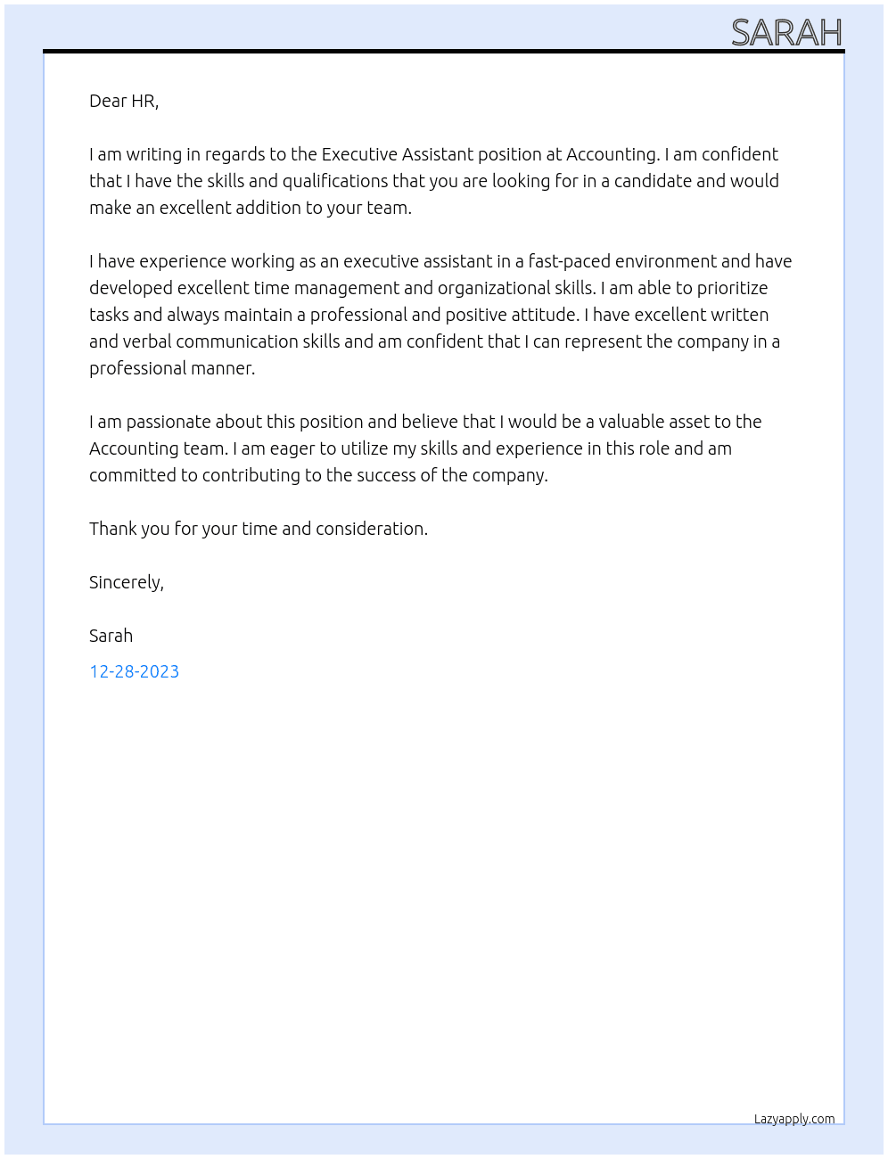 Executive Assistant At Accounting Cover Letter