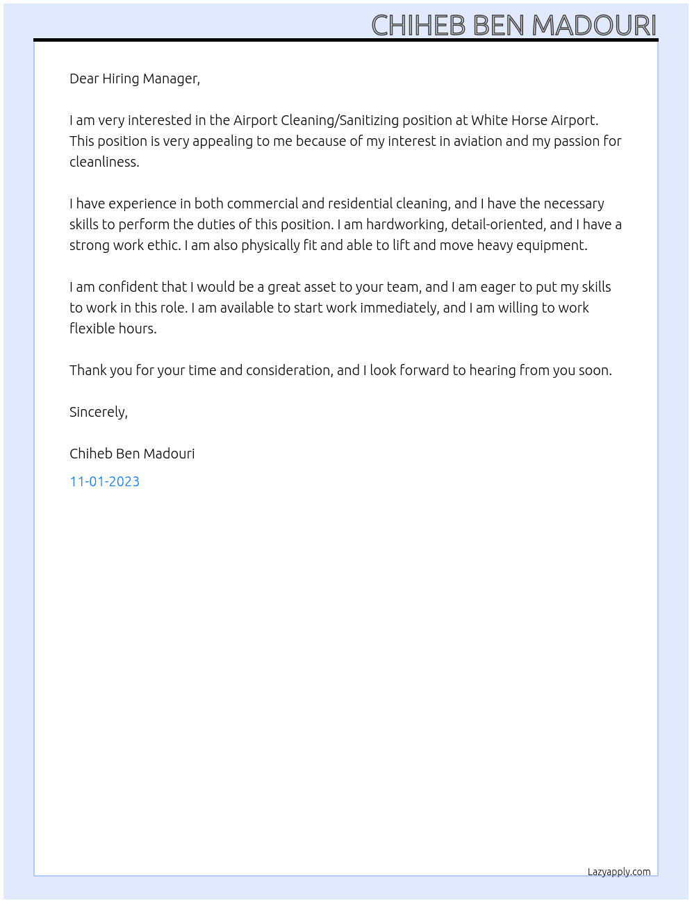 Airport Cleaning/Sanitizing  At White Horse Airport Cover Letter