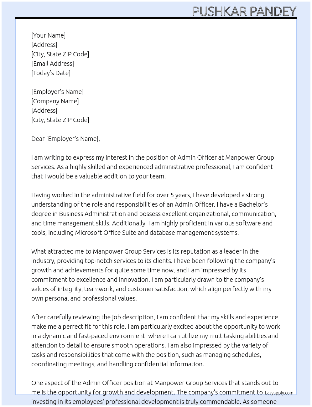 Admin Officer At Manpower Group Services Cover Letter