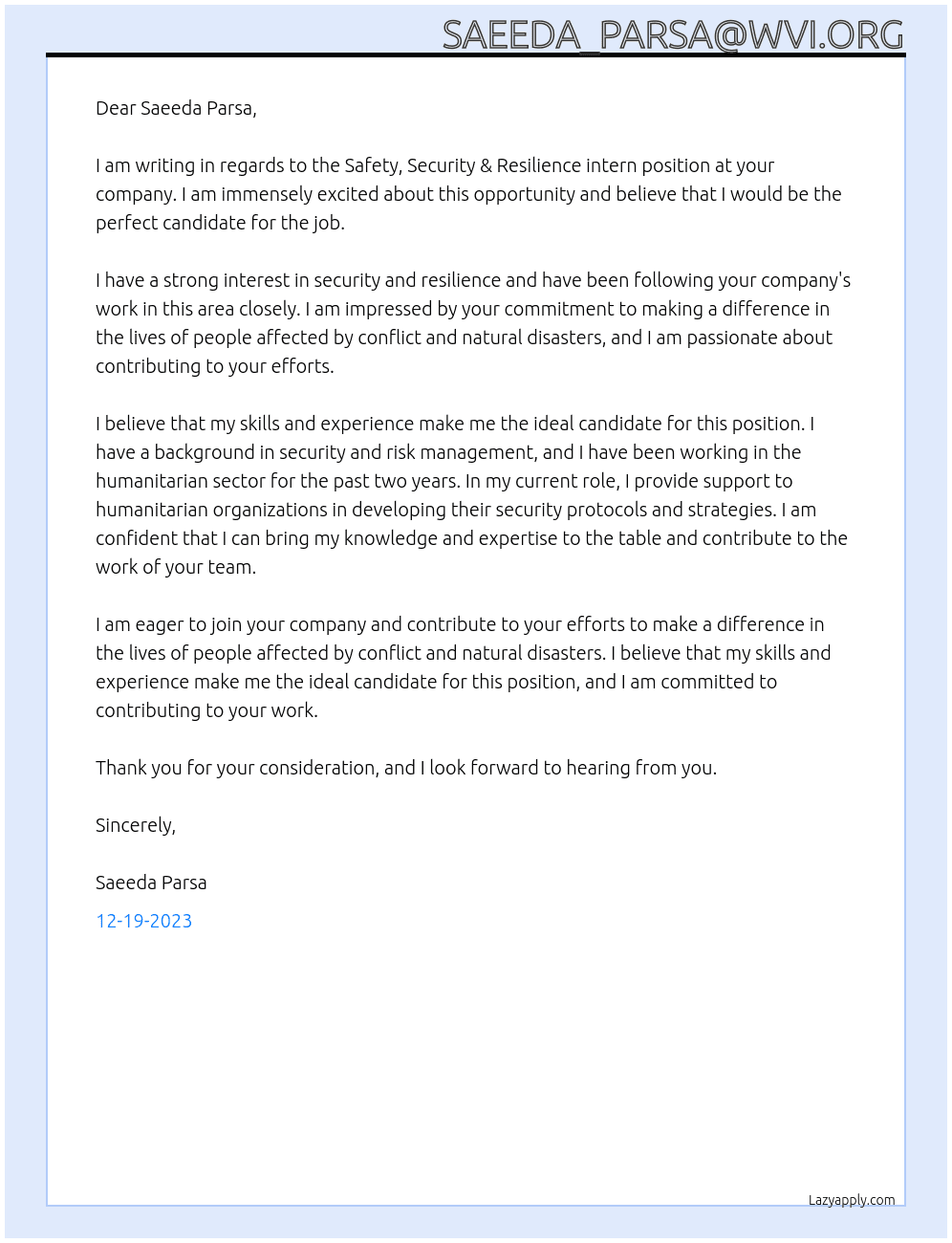 (Safety, Security & Resilience intern At saeeda_parsa@wvi.org Cover Letter