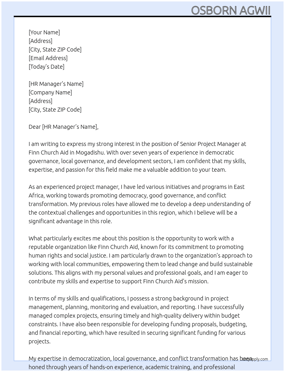 Senior Project Manager, Mogadishu At Finn Church Aid Cover Letter