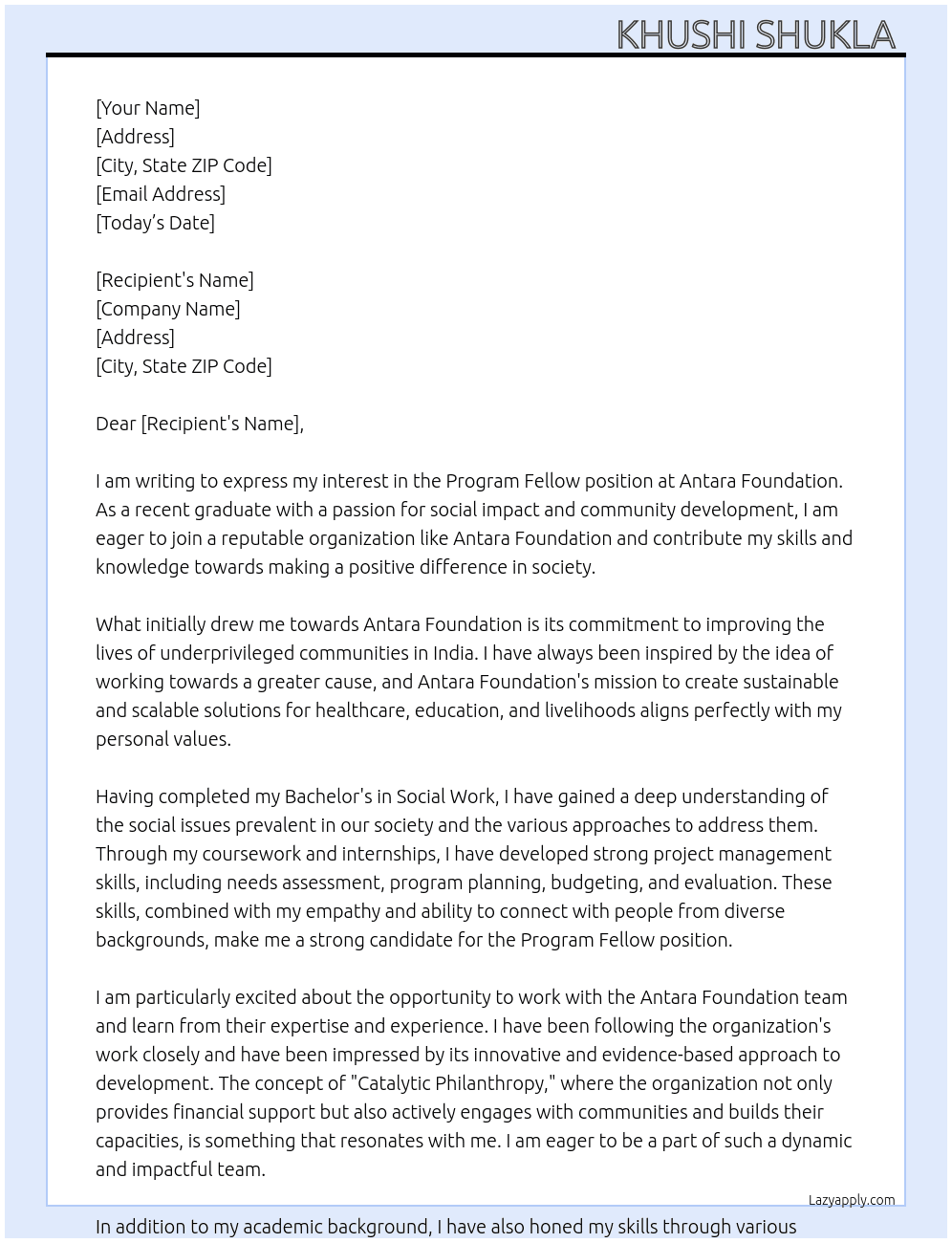 Program Fellow At Antara Foundation  Cover Letter