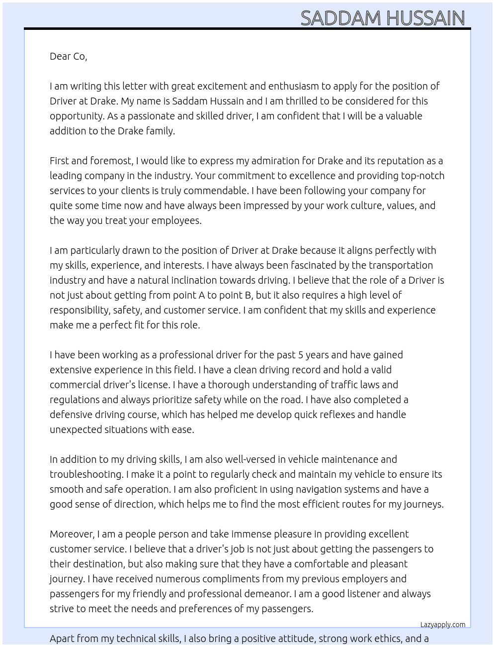 Driver  At Drake  Cover Letter