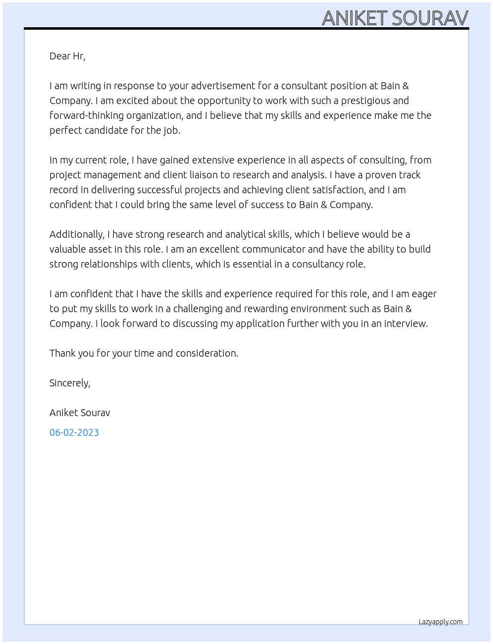 consultancy At Bain & company Cover Letter
