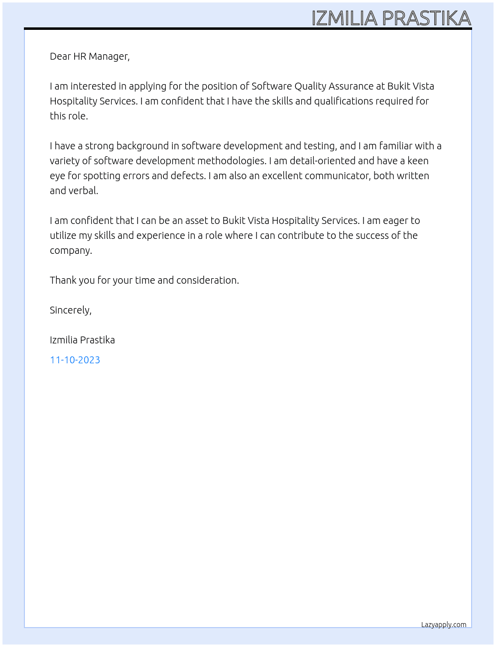 Software Quality Assurance At Bukit Vista Hospitality Services Cover Letter