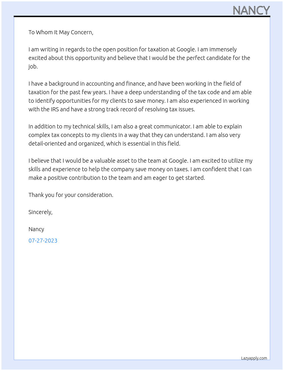 taxation At Google Cover Letter