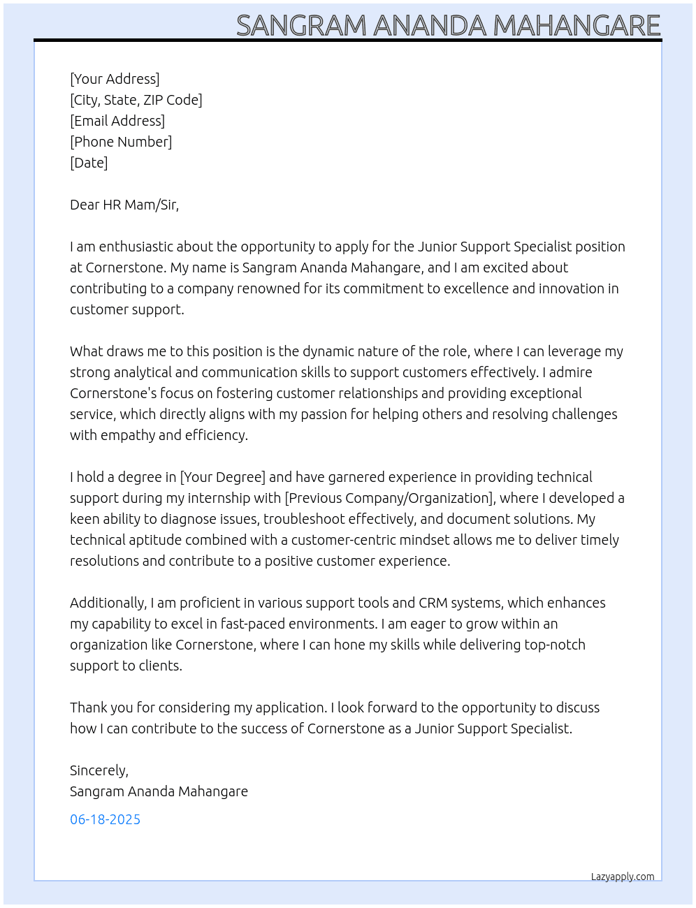 Junior Support Specialist Opportunity At cornerstone Cover Letter