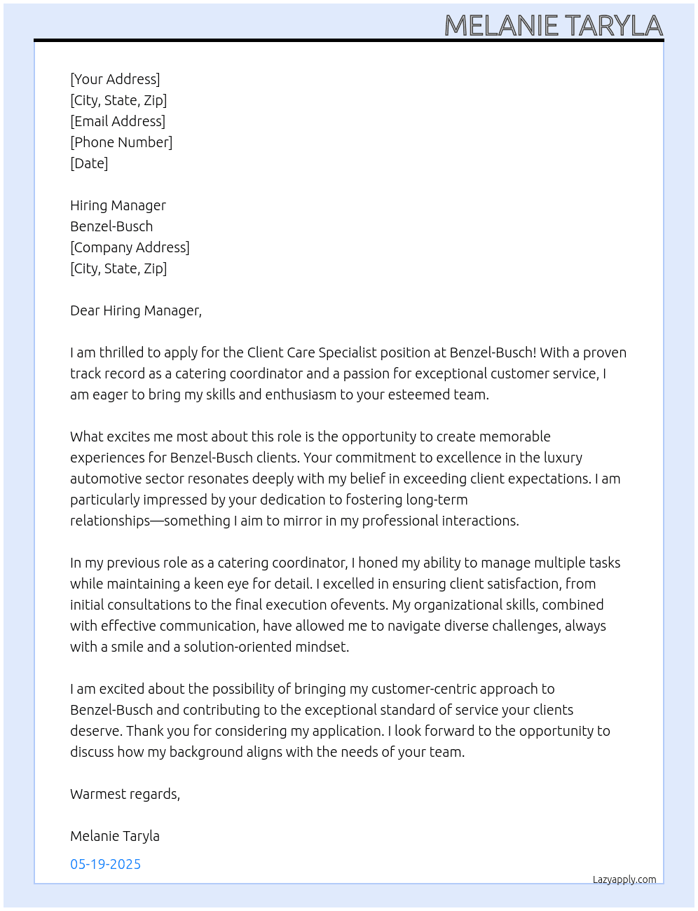 Client Care Specialist At Benzel-Busch  Cover Letter