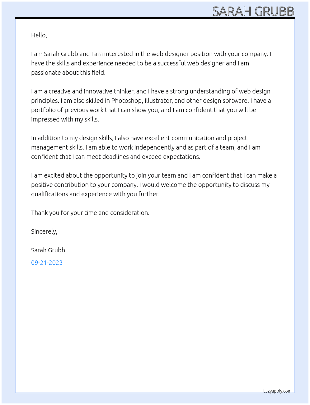 Web Designer At Whome it may concern Cover Letter