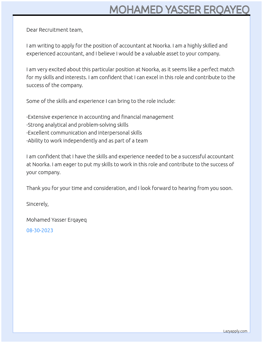 Accountant At Noorka Cover Letter