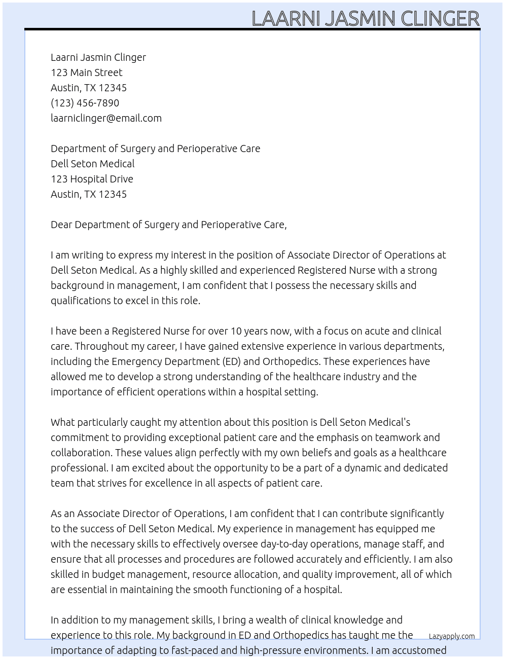 Associate Director of Operations At Dell Seton Medical Cover Letter