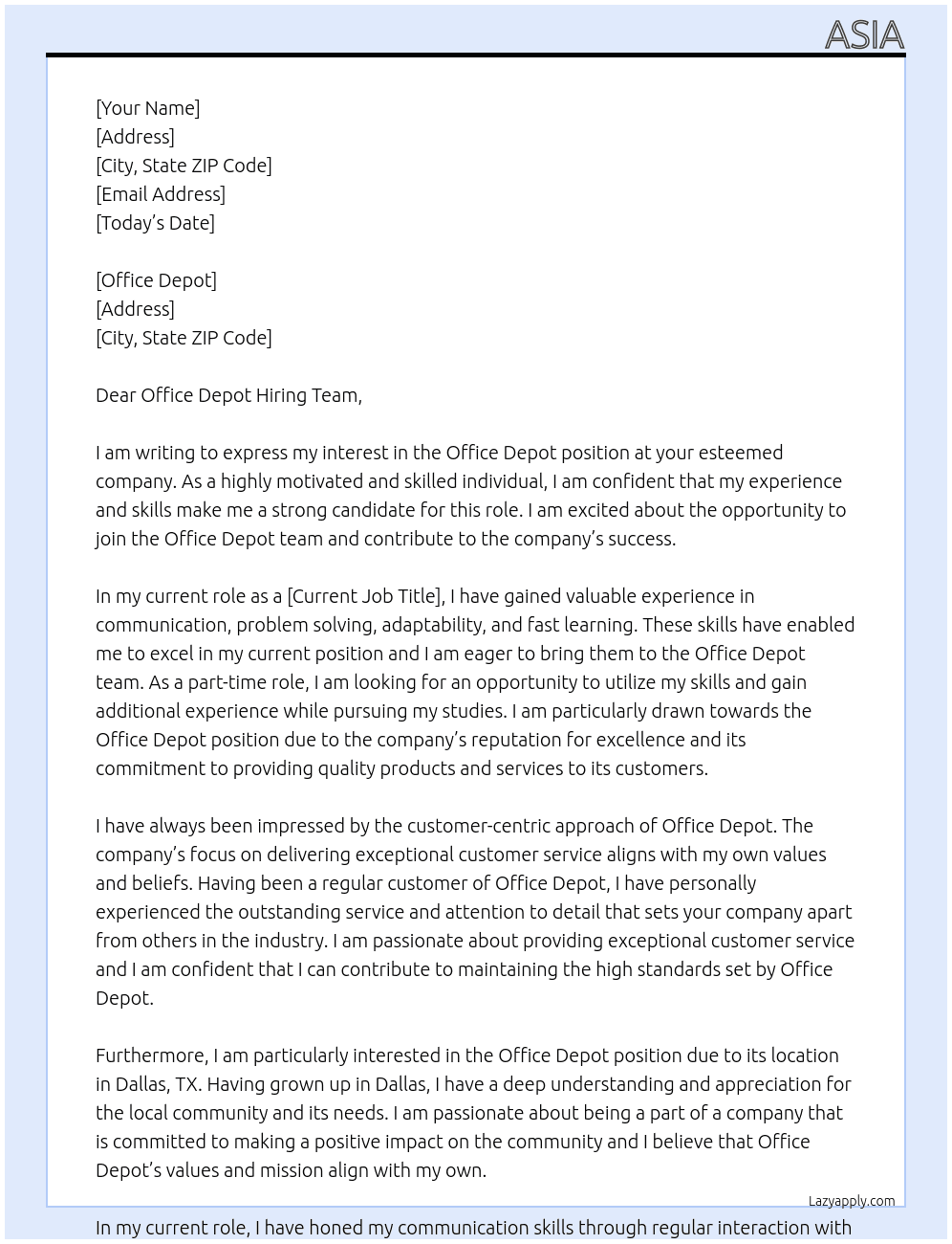 Office Depot  At Office Depot  Cover Letter