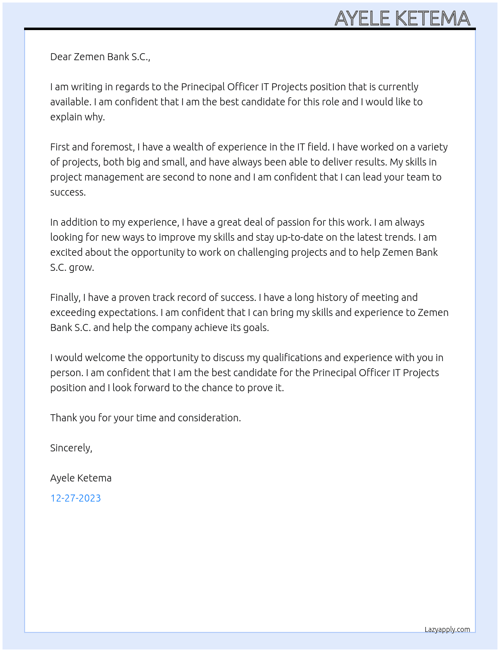 Prinecipal officer IT Projects At Zemen Bank S .C Cover Letter