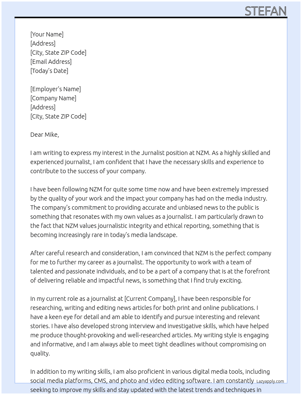Jurnalist At NZM Cover Letter