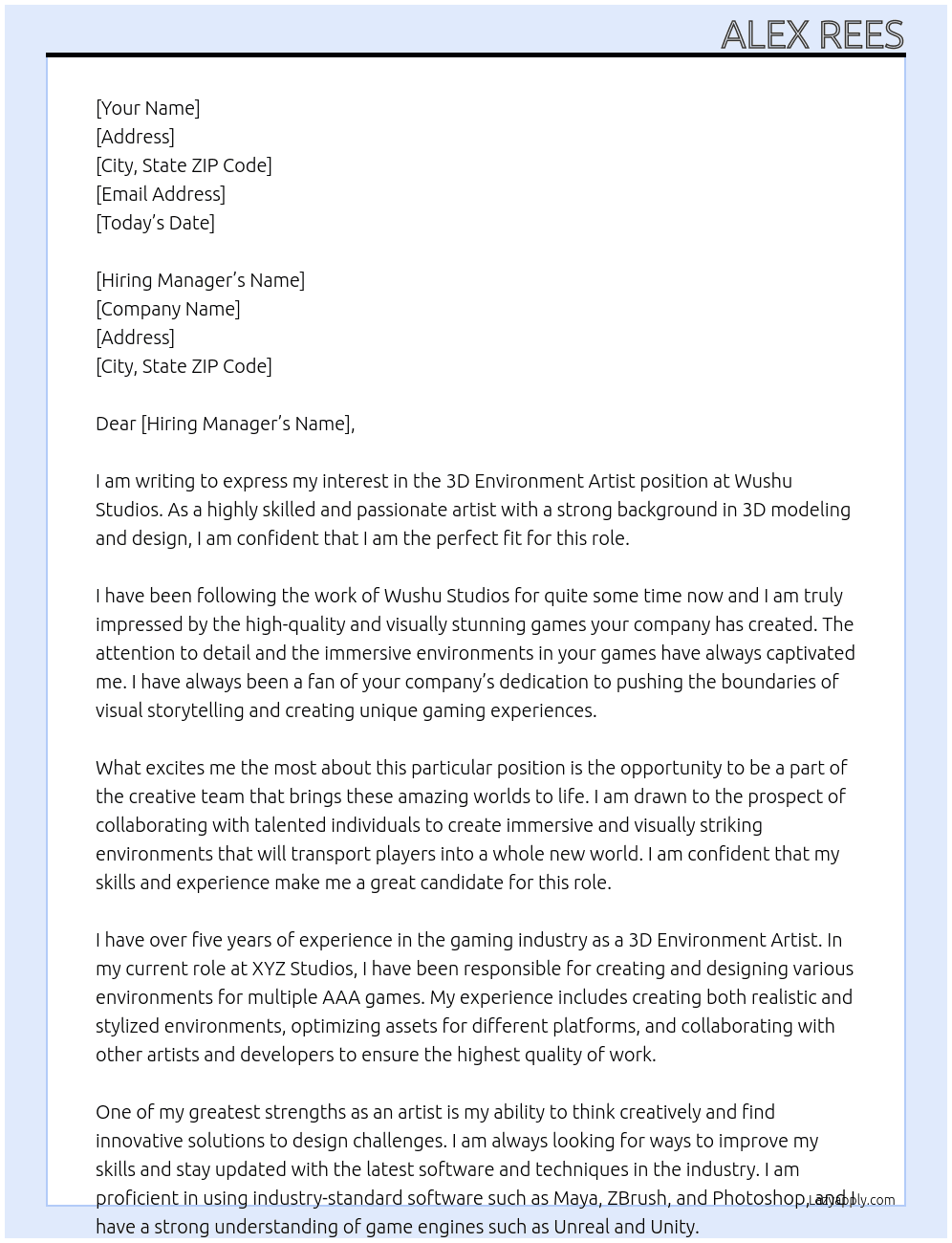 3d environment artist At Wushu Studios Cover Letter