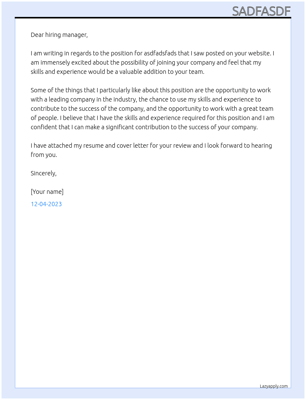 asdfadsf At asdfadsf Cover Letter