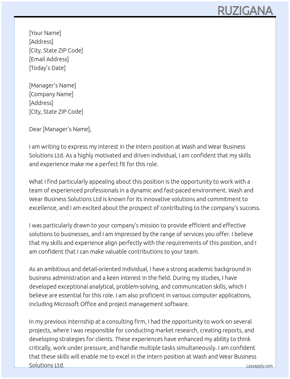 Intern At Wash and wear Business solutions ltd Cover Letter