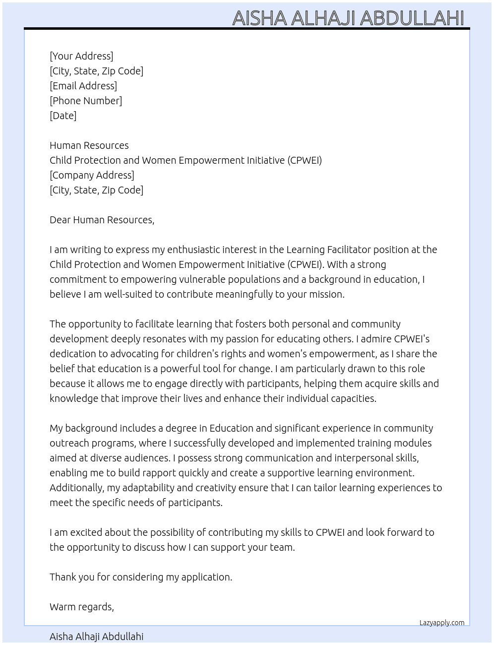 Learning Facilitator  At Child Protection and Women Empowerment Initiative (CPWEI) Cover Letter