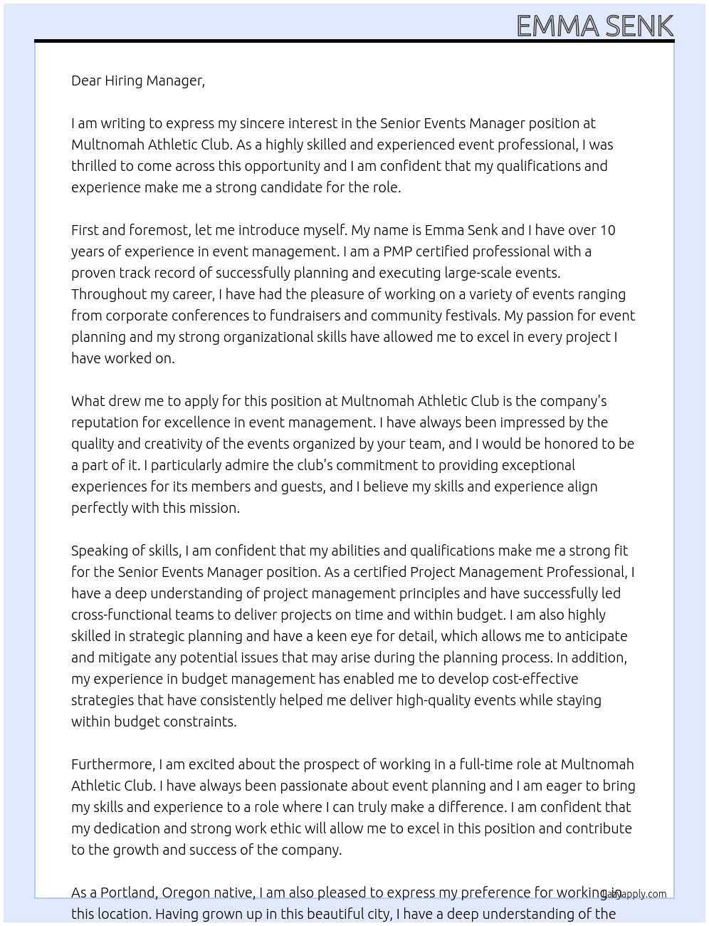 Senior Events Manager At Multnomah Athletic Club Cover Letter