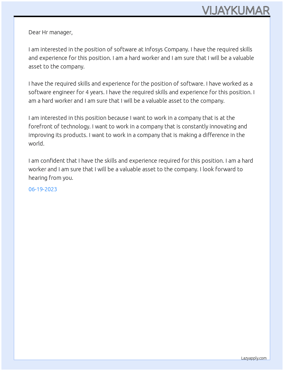 Software  At Infosys Company  Cover Letter
