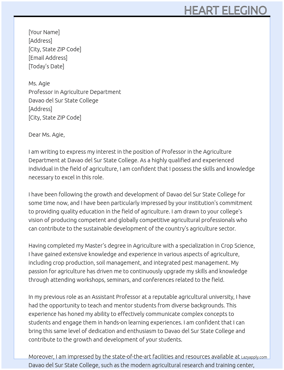 Professor in agriculture department  At Davao del sur state college  Cover Letter