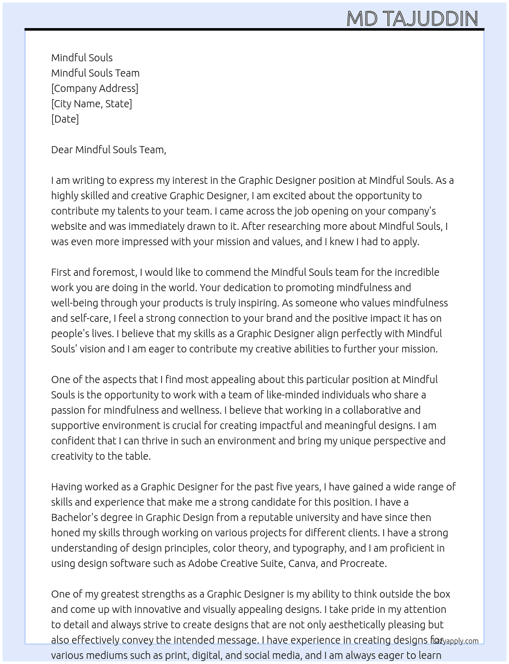 Graphic Designer  At Mindful Souls Cover Letter
