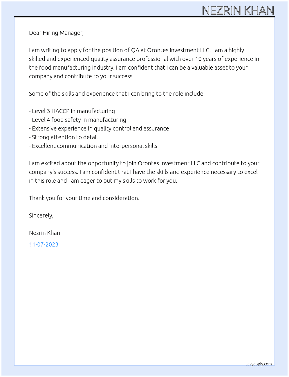 Qa At Orontes investment LLC Cover Letter