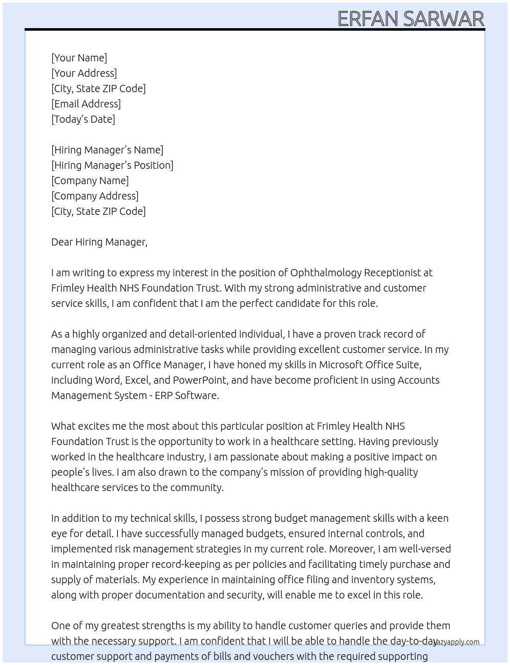 Ophthalmology Receptionist At Frimley Health NHS Foundation Trust Cover Letter