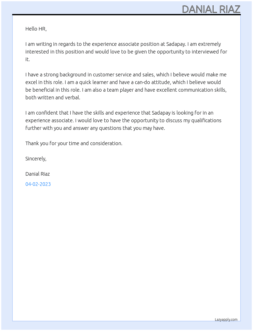 Experience associate At Sadapay Cover Letter
