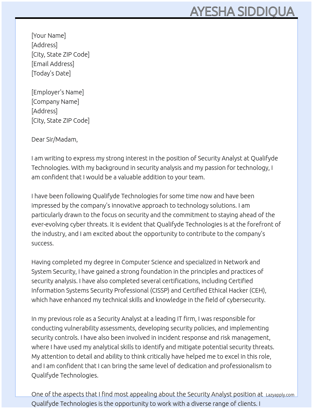 Security Analyst  At Qualifyde technologies  Cover Letter