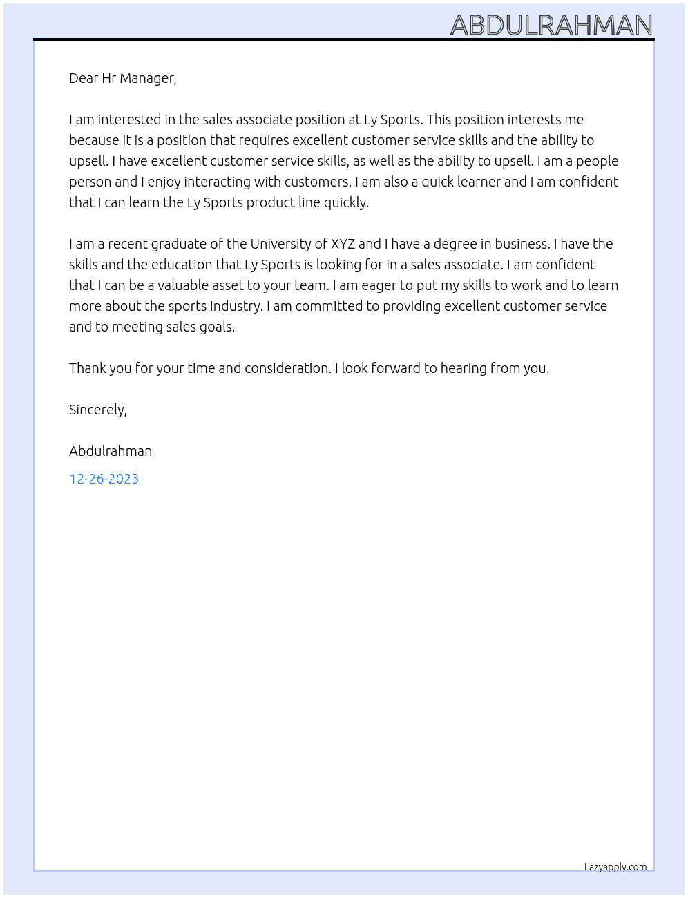 sales associate At Ly Sports Cover Letter