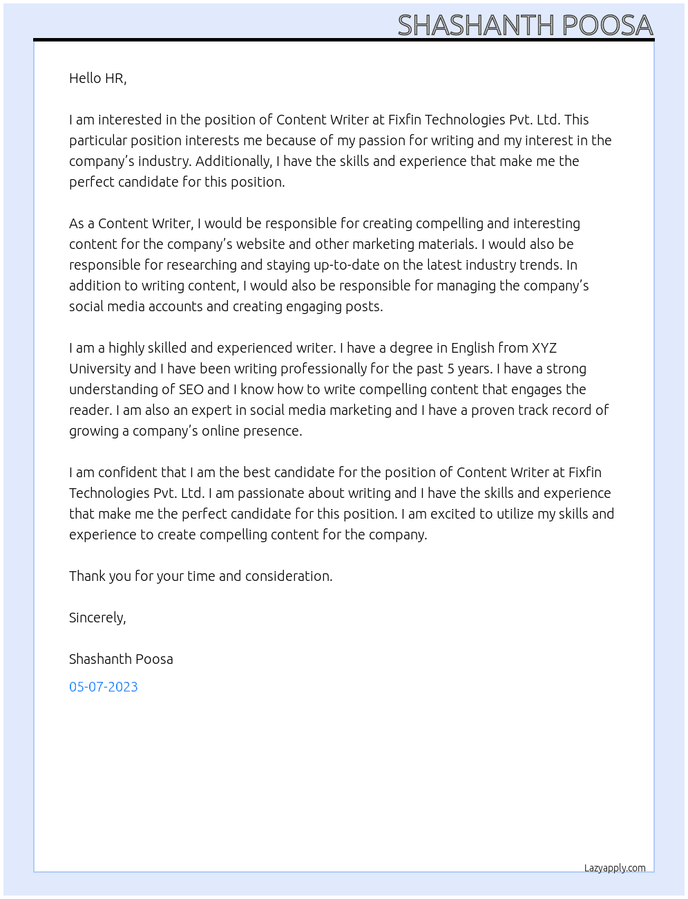 Content Writer At Fixfin Technologies Pvt. Ltd. Cover Letter