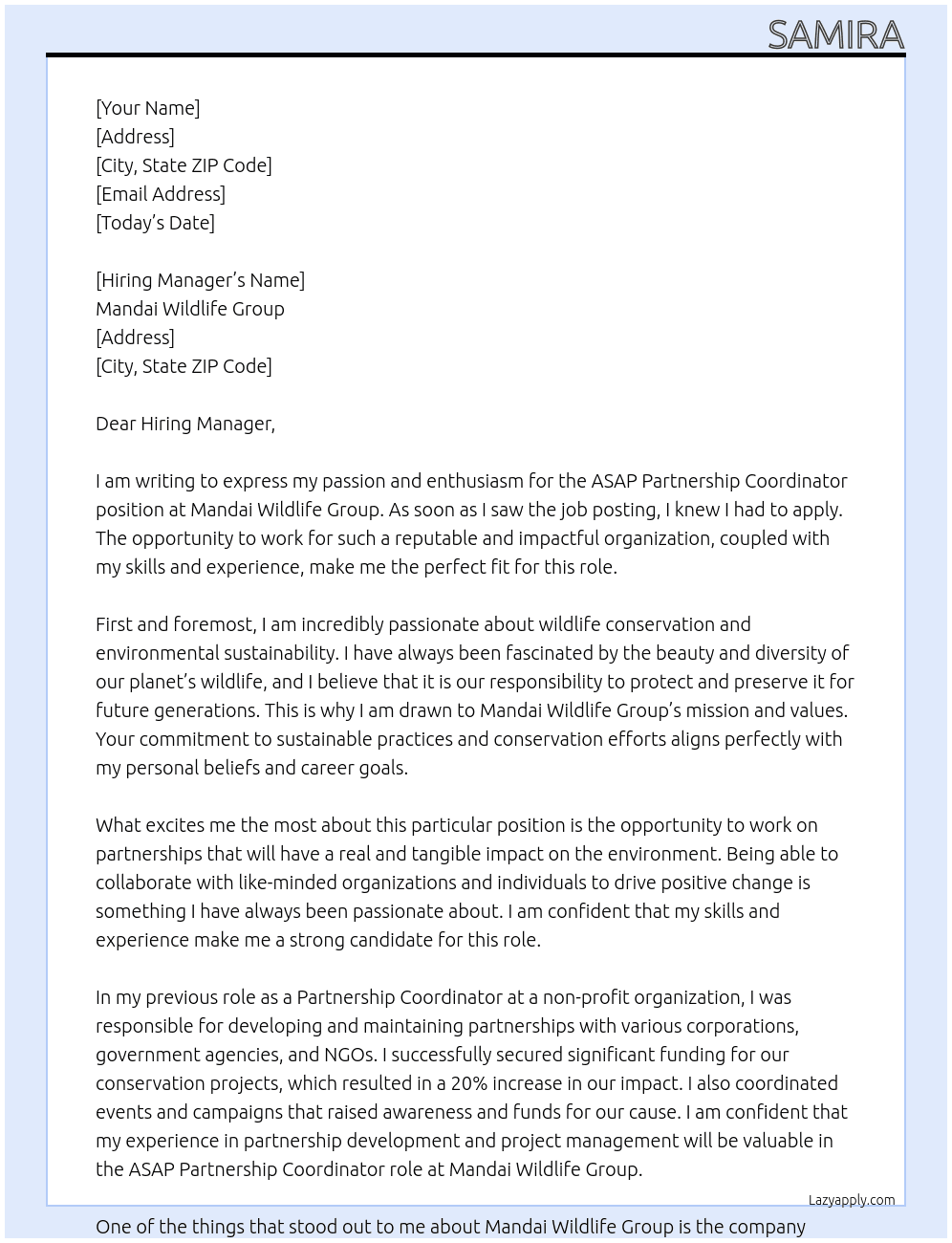 ASAP Partnership Coordinator At Mandai Wildlife Group Cover Letter
