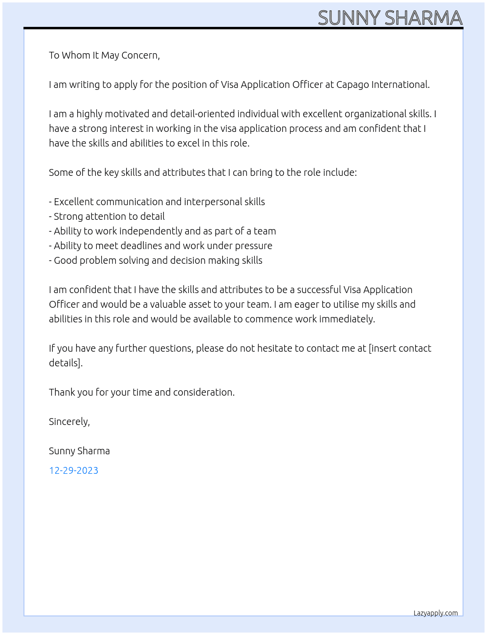 Visa Application Officer At Capago International Cover Letter