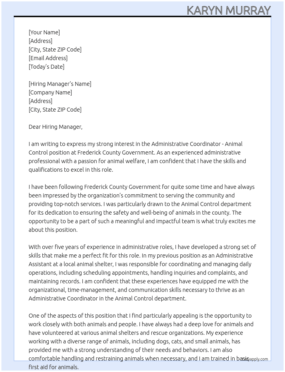 Administrative Coordinator - Animal Control At Frederick County Government Cover Letter