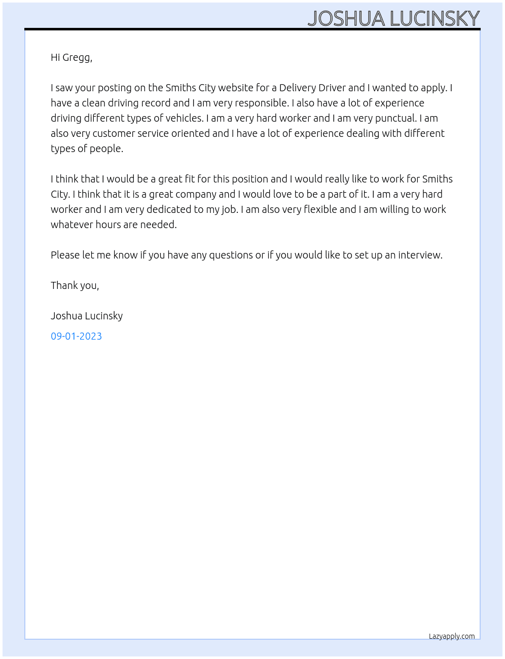 Delivery Driver  At Smiths City Cover Letter
