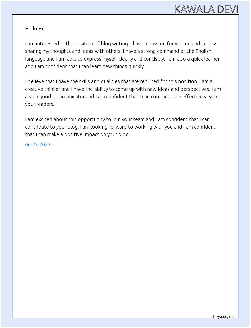 Blog writing  At Content writing  Cover Letter
