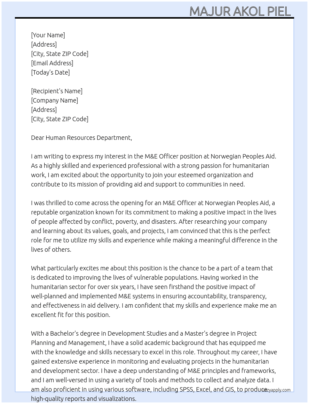 M&E Officer  At Norwegian Peoples Aid Cover Letter