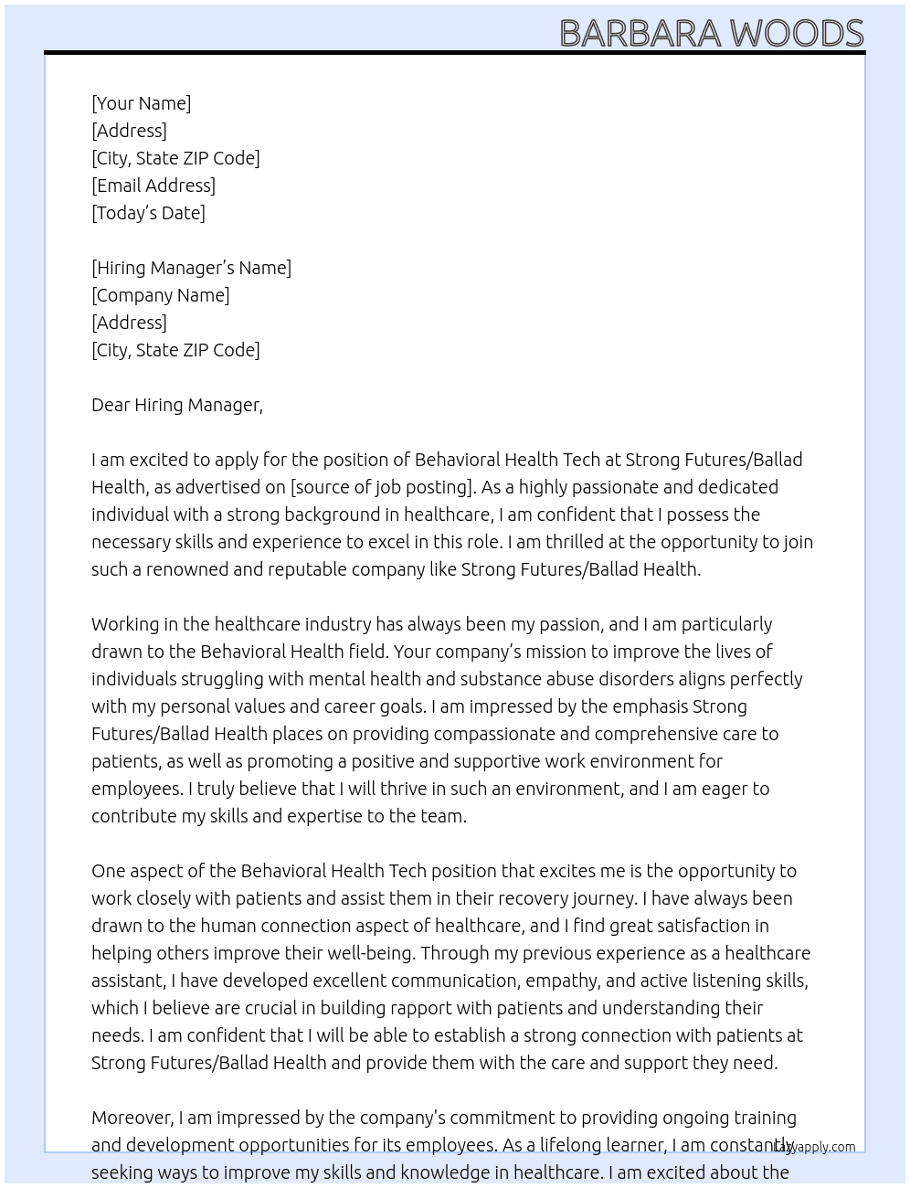 Behavioral Health Tech At Strong Futures/Ballad Health Cover Letter