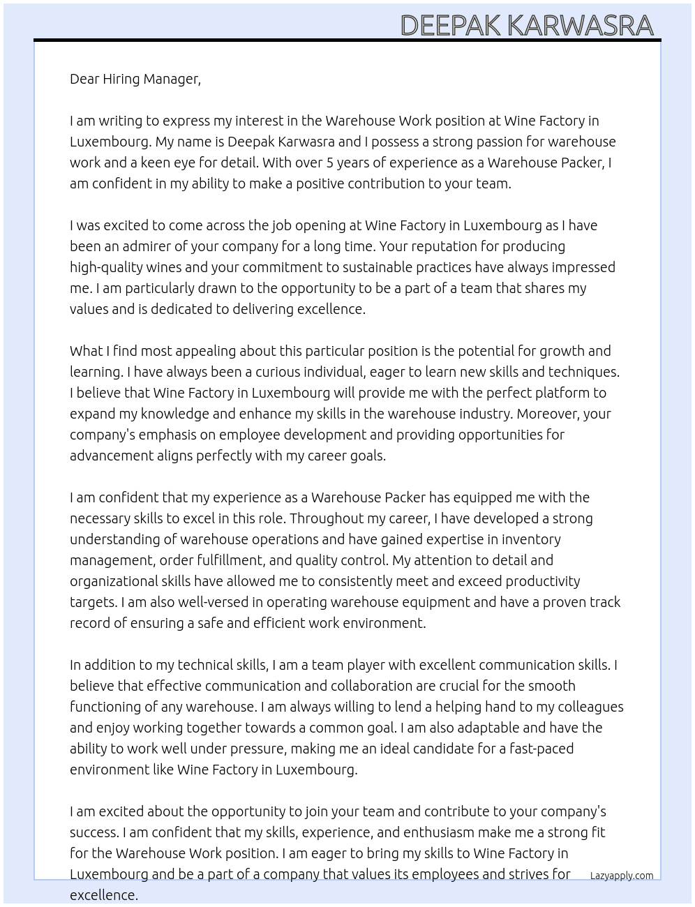 Warehouse work At WINE FACTORY IN LUXEMBOUR Cover Letter