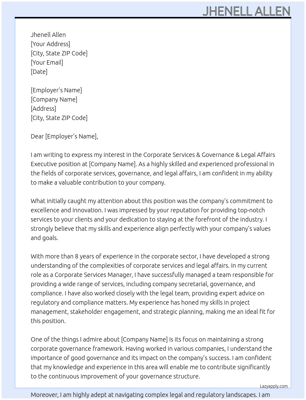 Corporate Services & Governance & Legal Affairs Executive At Jhenell Allen Cover Letter