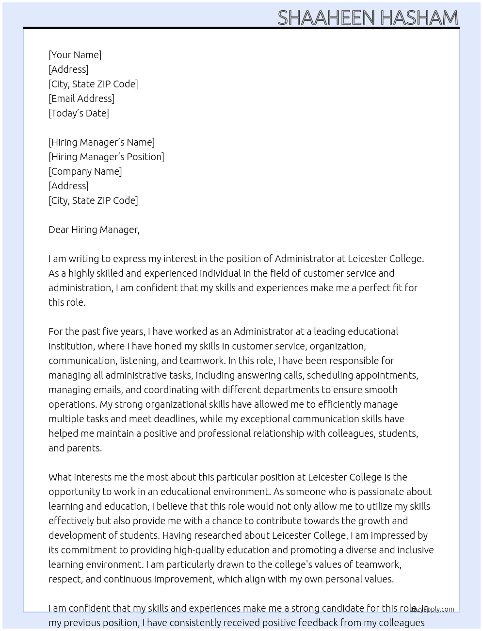 Administrator  At Leicester College Cover Letter