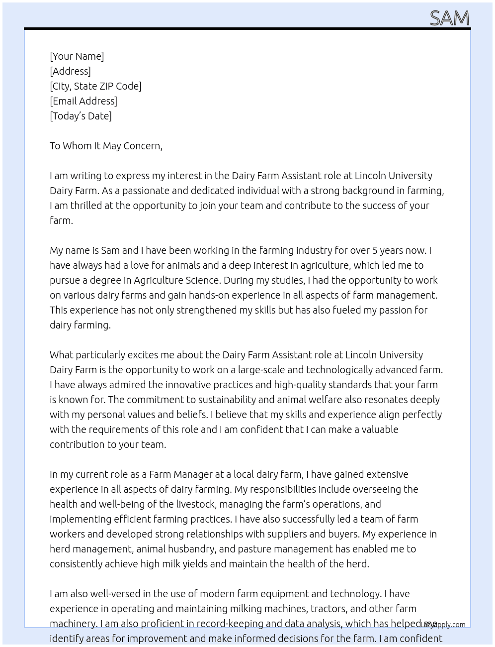 Dairy Farm Assistant At Lincoln University Dairy Farm Cover Letter