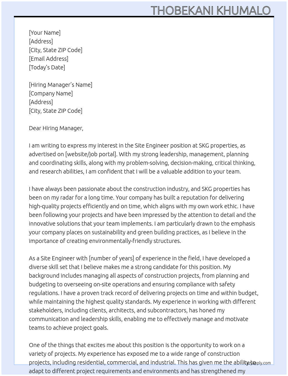 Site Engineer  At SKG properties  Cover Letter