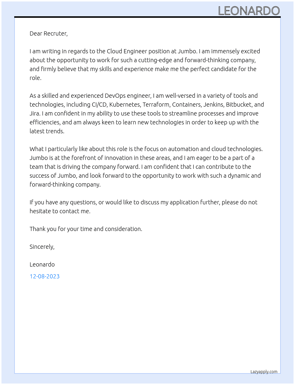 Cloud Engineer At Jumbo Cover Letter