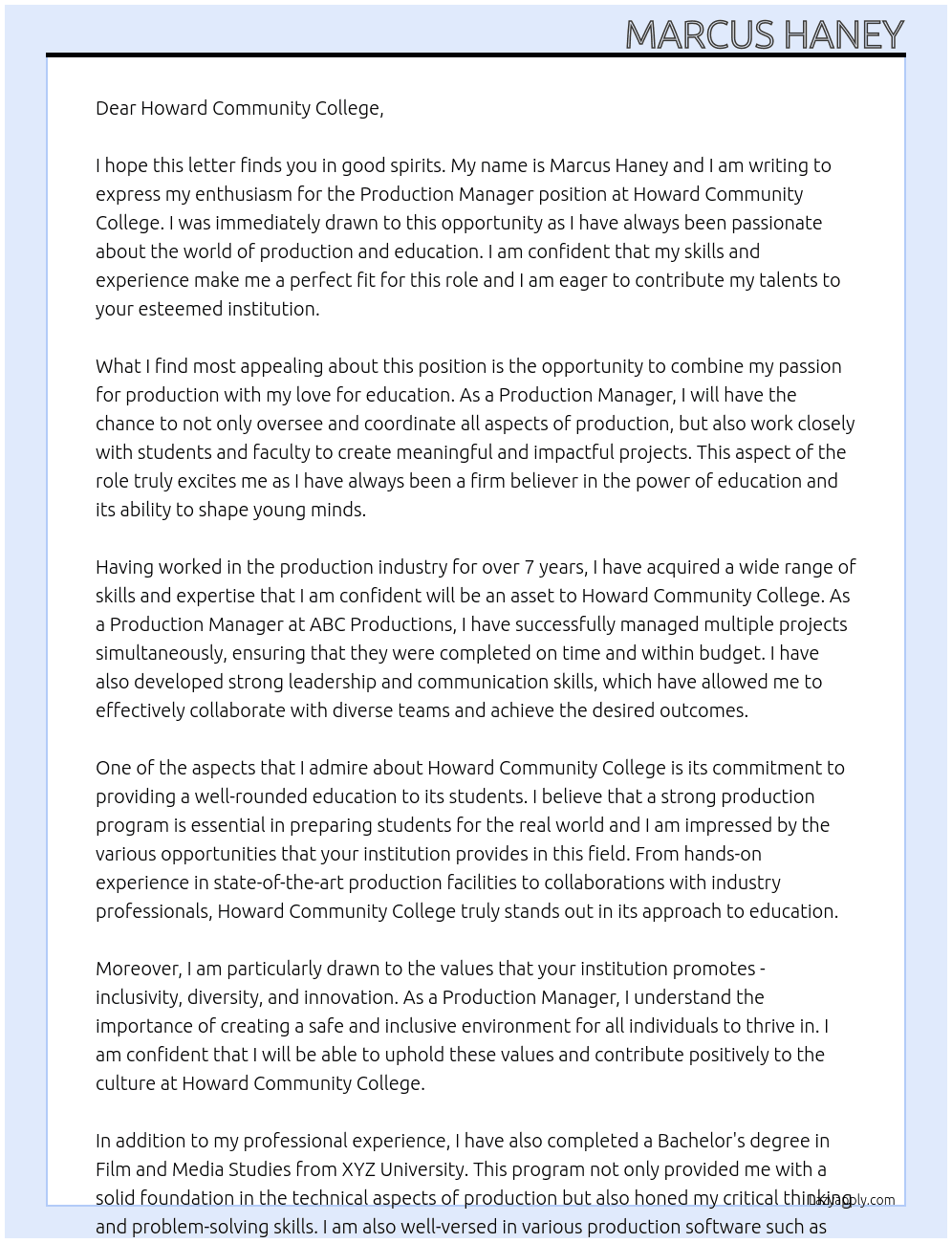 Production Manager At Howard Community College Cover Letter
