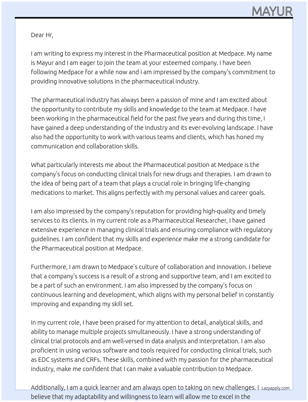 Pharmaceutical  At Medpace  Cover Letter
